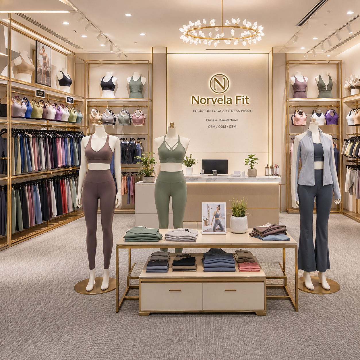 Norvela Fit yoga wear product range display for wholesale buyers
