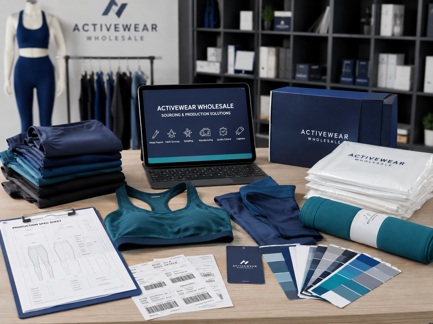 B2B activewear sourcing workspace with yoga leggings, sports bras, fabric swatches and packaging samples