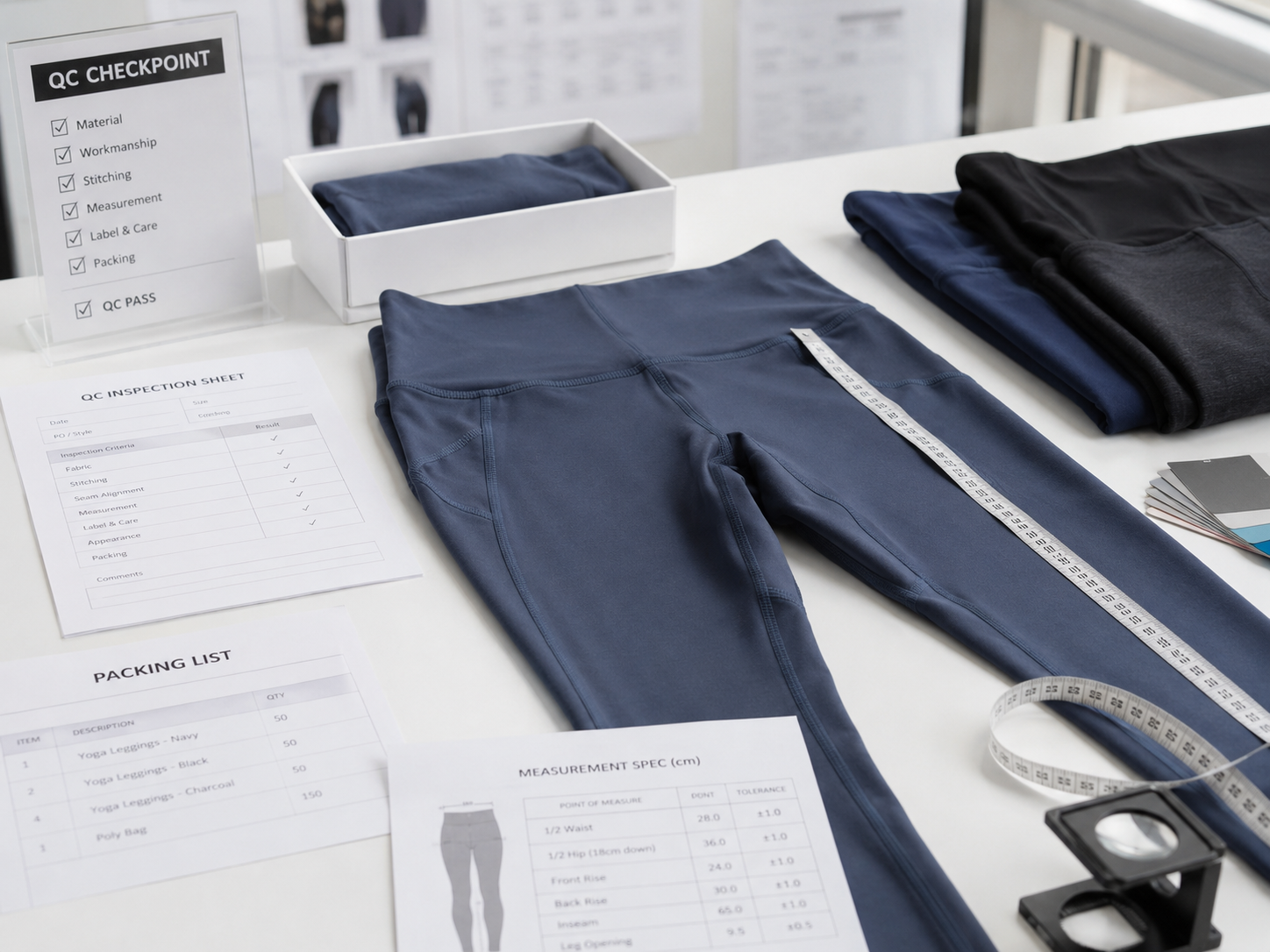 Activewear quality control desk with measuring tape, leggings seam inspection, QC checklist and packing list