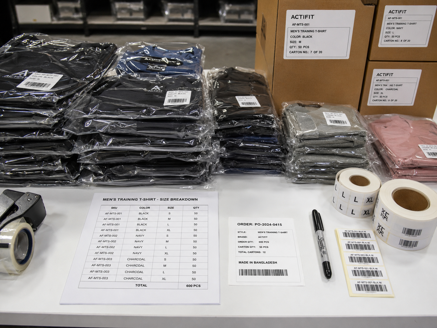 Wholesale sportswear packaging table with polybags, barcode stickers, SKU labels and carton labels