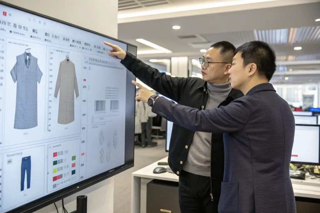 Development sample beside a pattern revision and garment fit measurement sheet