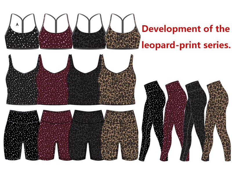 Coordinated activewear collection samples with color swatches and style matrix
