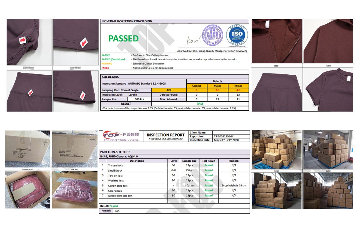 Incoming material inspection and garment workmanship checks during activewear production